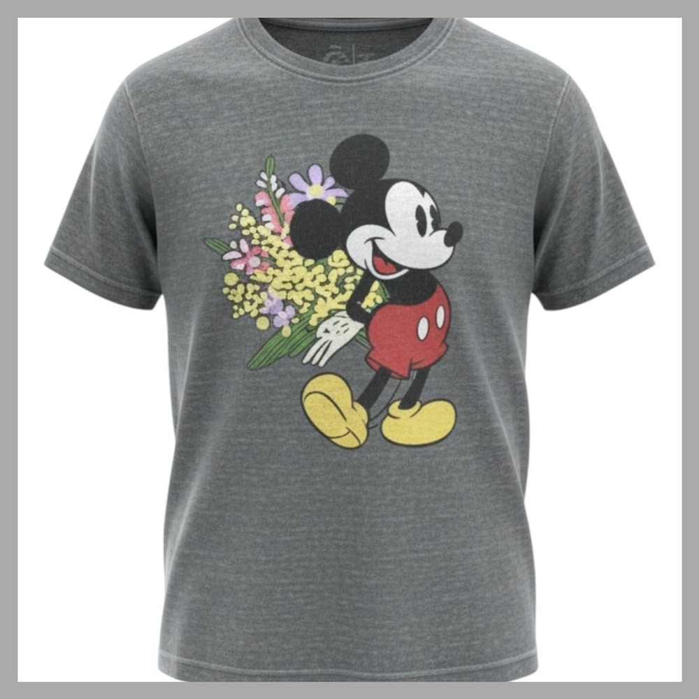 Lucky Brand Disney Mickey Mouse Wildflower Graphic Tee Charcoal Gray Small